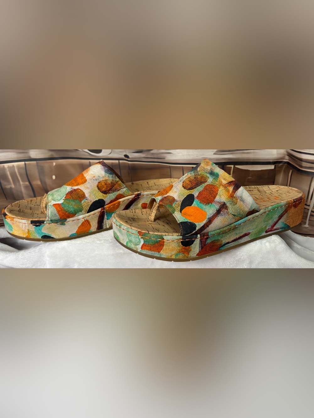 Born Sharr Multicolor Fabric Platform Slide Sandals Cork Wedge Women's Size 10 - Picture 5 of 16